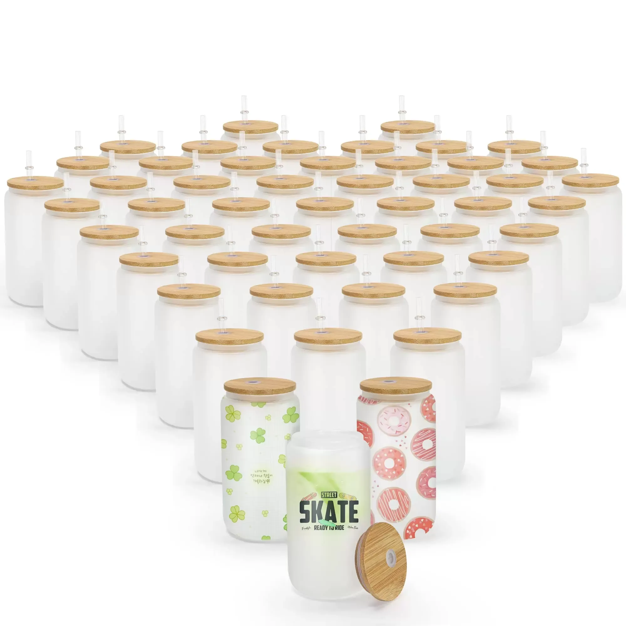 Sublimation 12oz 16oz Glass Cans with Bamboo Lids Reusable Straws Mason Beer Can Transparent Frosted Tumbler Soda Mugs Water Cups