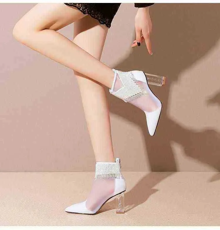 Kvinnor Stövlar Spring Thick Heel Rhinestone Mesh Hollow Out Crystal High Heels Fashionable Short Boot 07091011