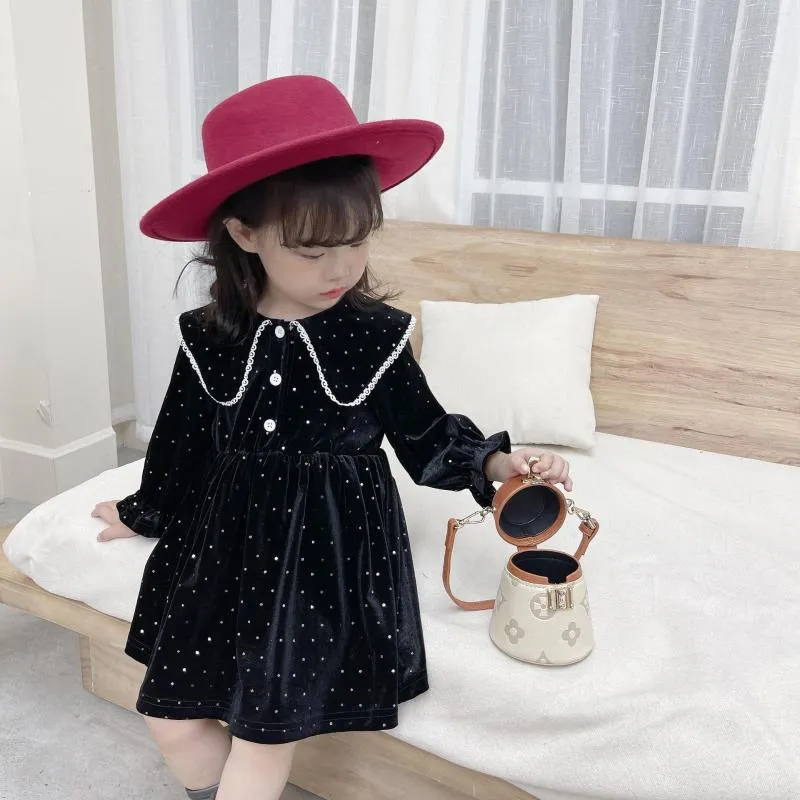 Vestidos de menina Meninas vestido de veludo para crianças vintage Turn Down Colle Blouse Long Children Casaul Clothing Navy Year