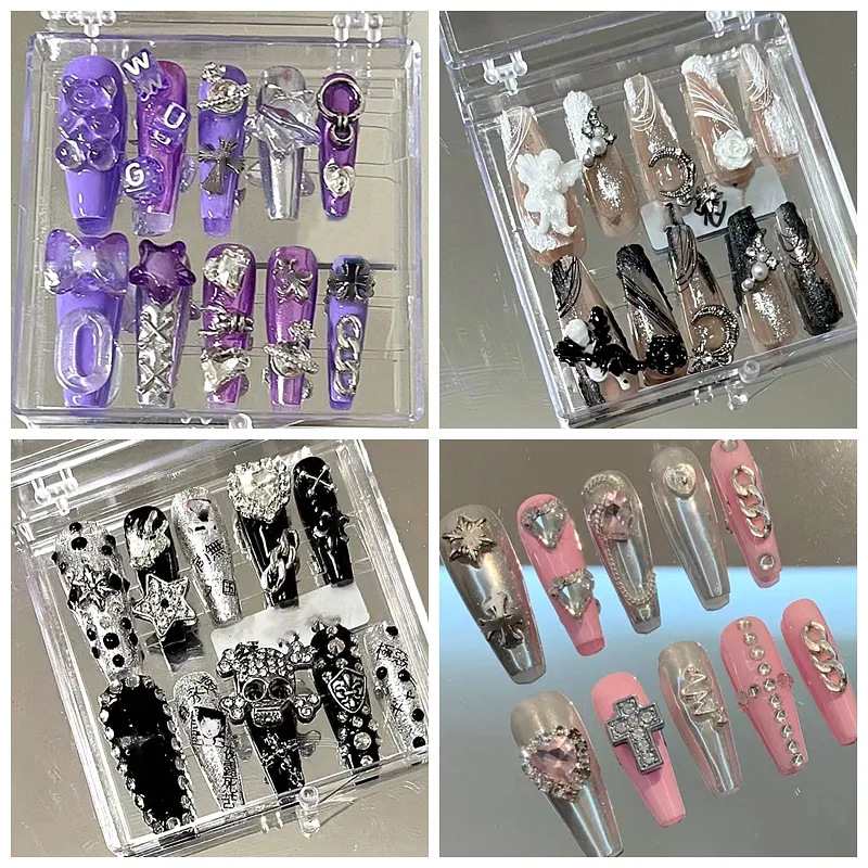 Valse nagels handgemaakte y2k lange kist tips glitter druk op punk stijl herbruikbare korte nep nagel met lijmcadeau 221031