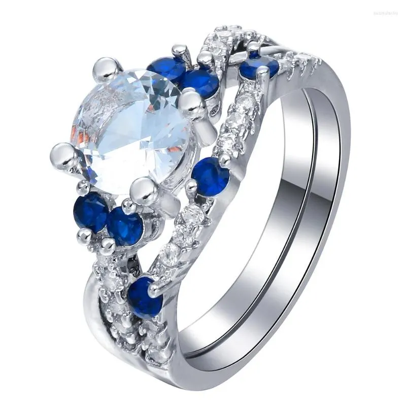 Anneaux de mariage Hainon mode doigt conception Micro pavé bleu croix Zircon bague de fiançailles ensemble pour les femmes cadeaux