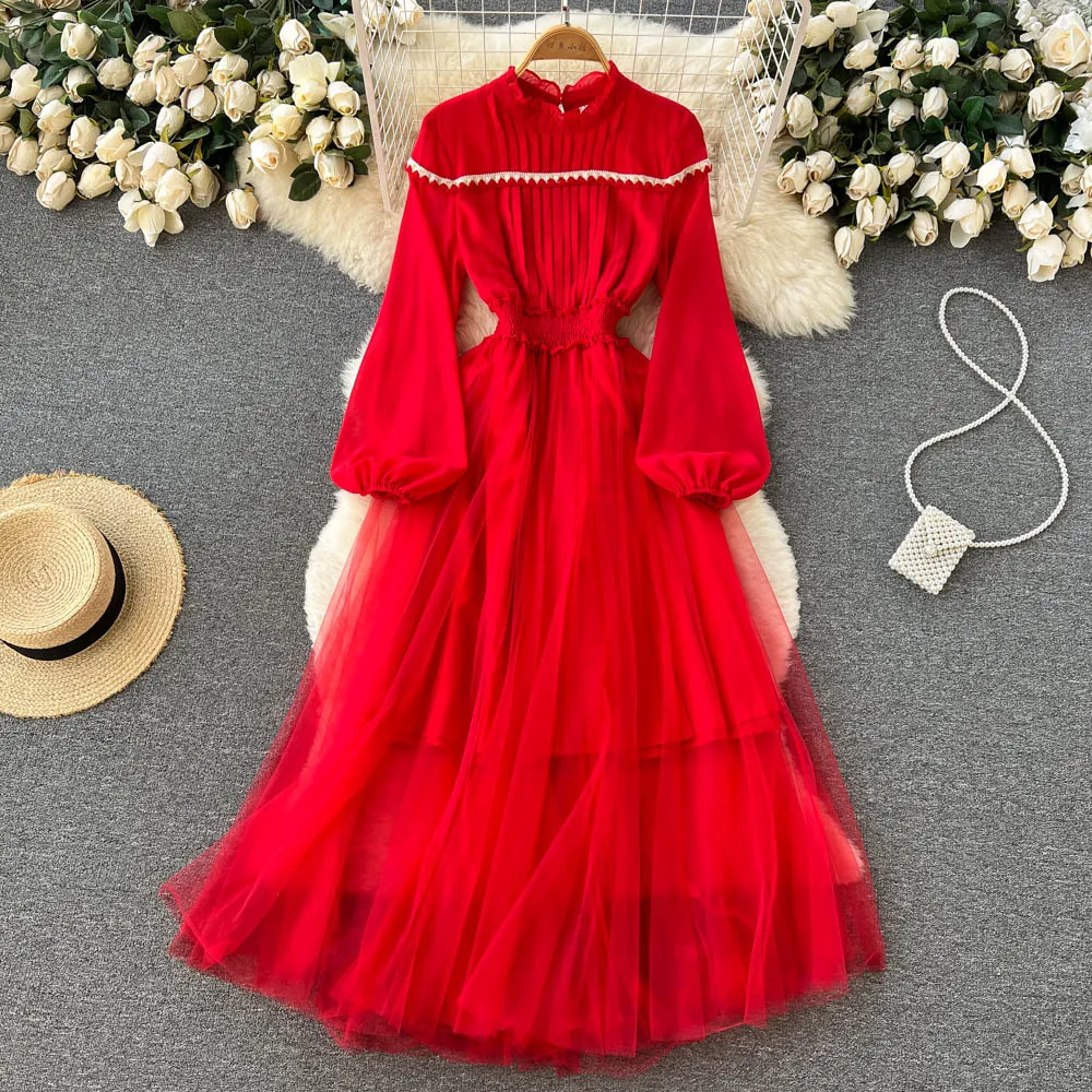 Hepburn French Retro Red Mesh Dress Beach Holiday Dress Elegant Pleated Big Swing Long Skirts