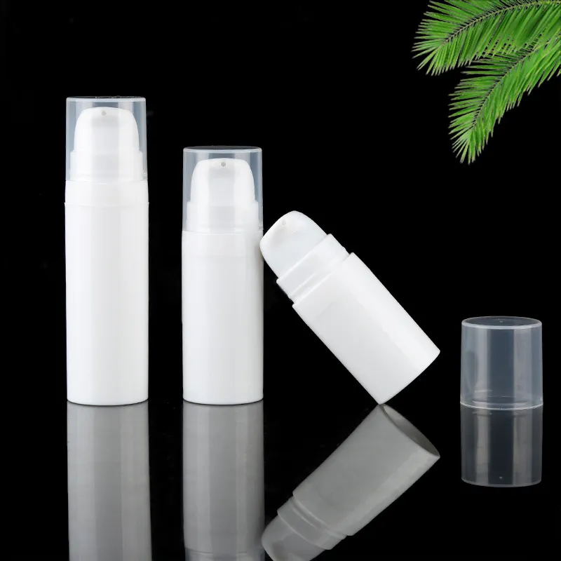 Pompa di lozione per bottiglie in bottiglia bianca mini campione e bottiglie di prova 5 ml 10 ml da 15 ml di imballaggio cosmetico a vuoto.