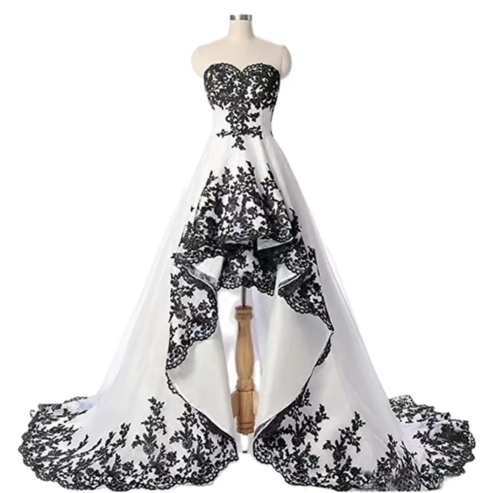 Czarno-biała gotycka suknia ślubna wysoka kokarda suknie ślubne linii A krótki przód długi tył koronkowe aplikacje satynowe kraju Vestidos De Novia gorset z tyłu