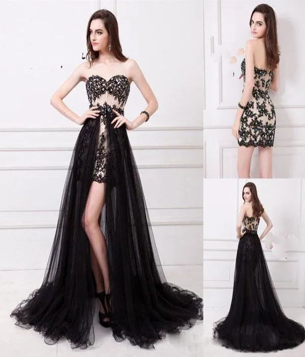 Detachable Skirt Two Piece Black Prom Dresses Sweetheart Sheath See Through Champagne Sequins Side Slit Party Formal Dresses Eveni8599922