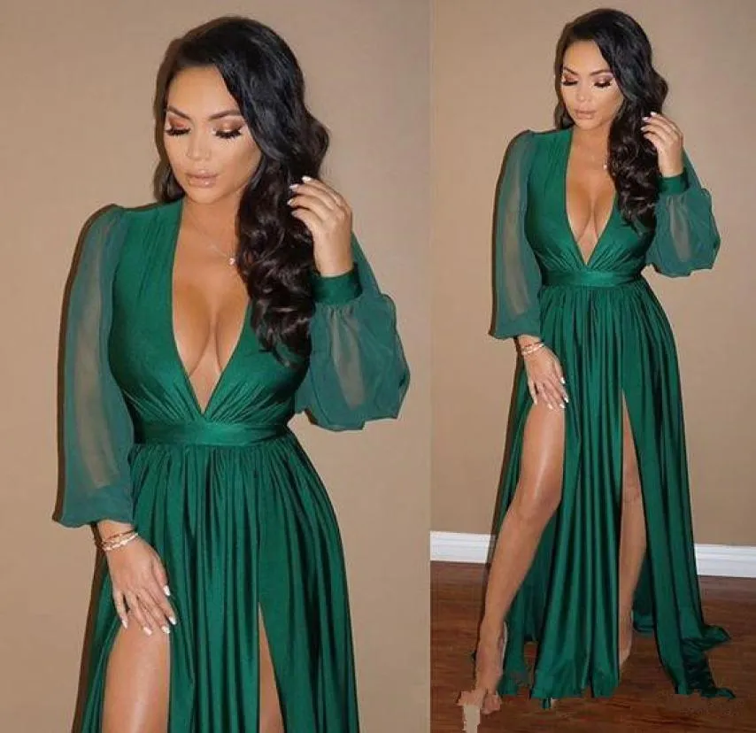2019 Dark Green Sexy Blunging v Neck Long Dresses Evening Wear Alements Long Sleeves High Split Prom Downs Cheap Fashion Wear5406906