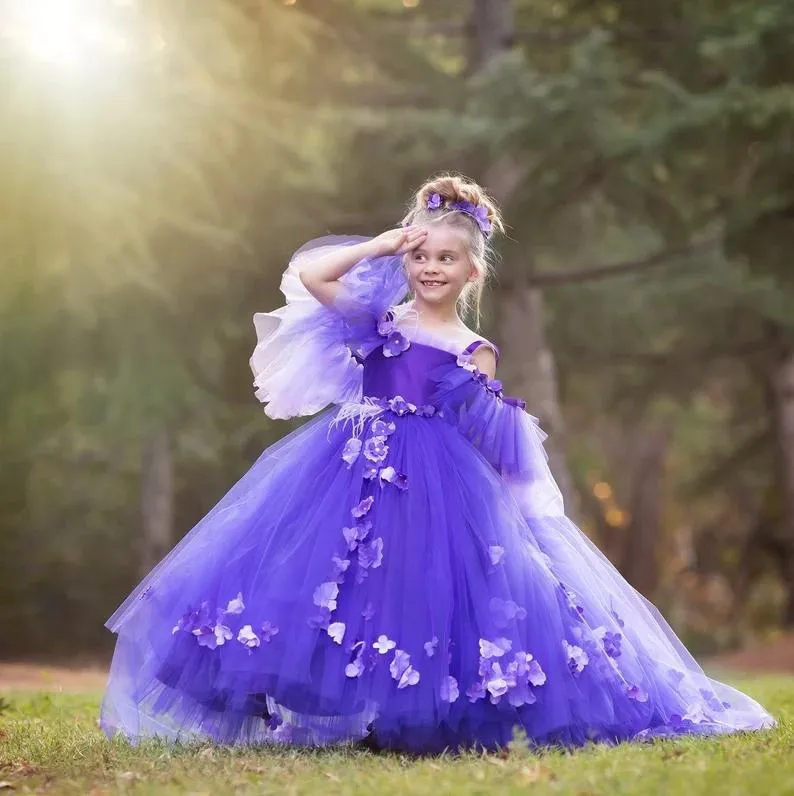 2023 Purple Flower Girl одевает принцессу спагетти ремни с плеч