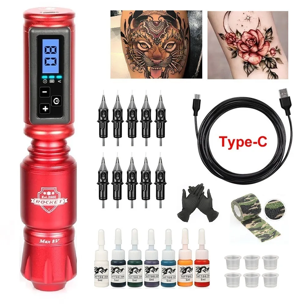 Tattoo Machine Professional Rotary Pen Wireless Set с аккумуляторами 10 % чернильных картриджных игл Rocket 221115