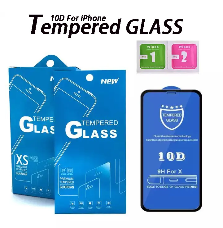 Full täckningsfilm 10D -skärmskydd för iPhone 14 Pro Max 7 8 Plus 9H Hemdrat glas 11 12 13 Mini XR XS Protective Glass med detaljhandelspaket