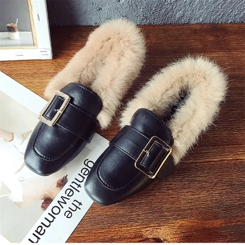 Dress Shoes Boots Fluffy Shoes Women Slip on Faux Fur Moccasins Loafers Buckle Belt Furry Flat Winter Plush Warm Zapatos De Mujer 221116