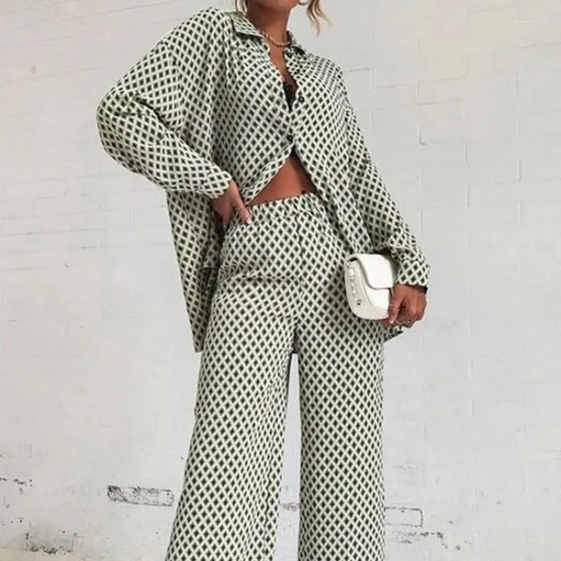 여자 2 피스 바지 패션 통근 복장 여성 라펠 긴 소매 셔츠 넓은 다리 스트레이트 캐주얼 프린트 하이 스트리트 세트