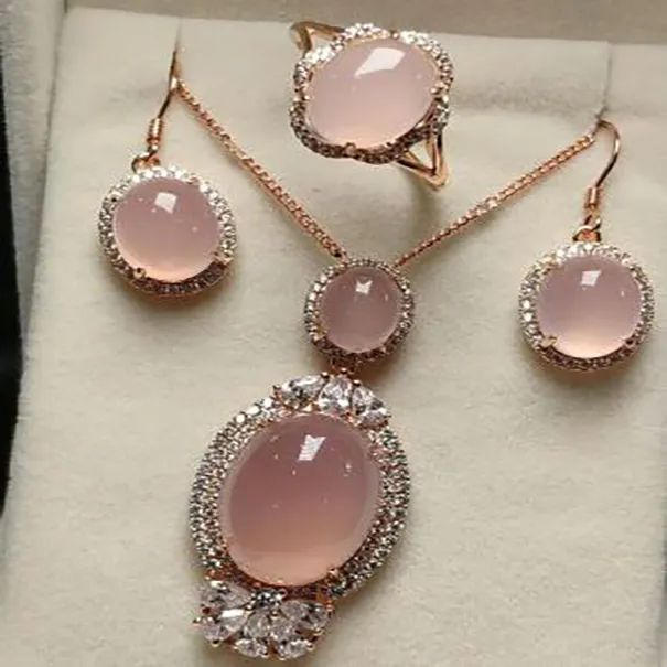 Natural Pink Jade Chalcedony S925 Silver inlagd halsbandörhängen ring smyckesuppsättning