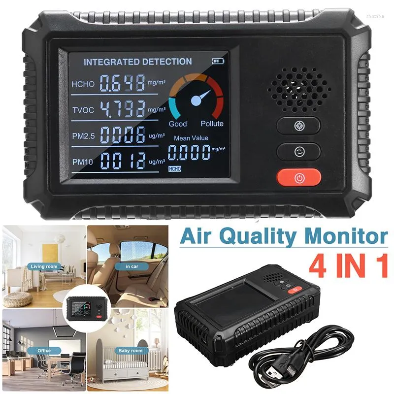 Digital LCD Air Quality Monitor CO2 HCHO TVOC PM2.5 PM10 Detector Tester Tester multifonctionnel 4 IN1 Analyseurs de gaz compteur