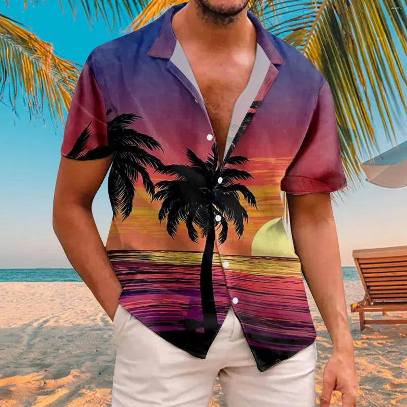 Camisas casuais masculinas Manga curta Camisa de praia Men verão solto Havaí Havaí Holida de férias tropical ALOHA TOP BOTUS