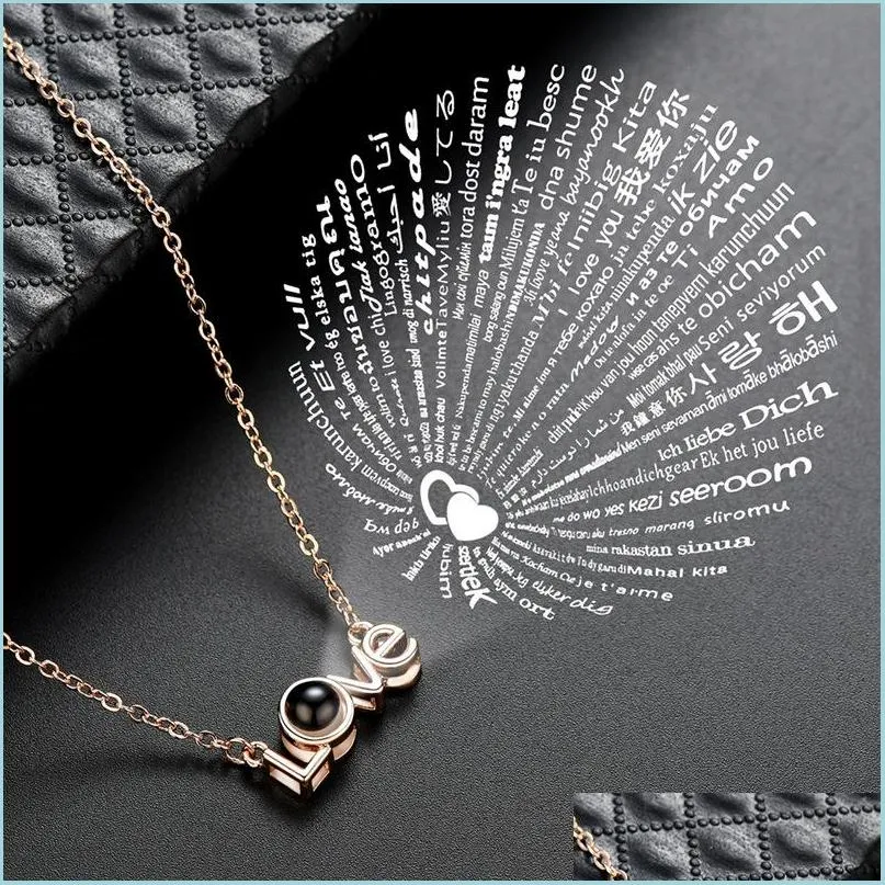 Pendant Necklaces 100 Languages I Love You Pendant Necklaces Copper Chains Letter Projection Necklace Women Wedding Valentines Day M Dhjou