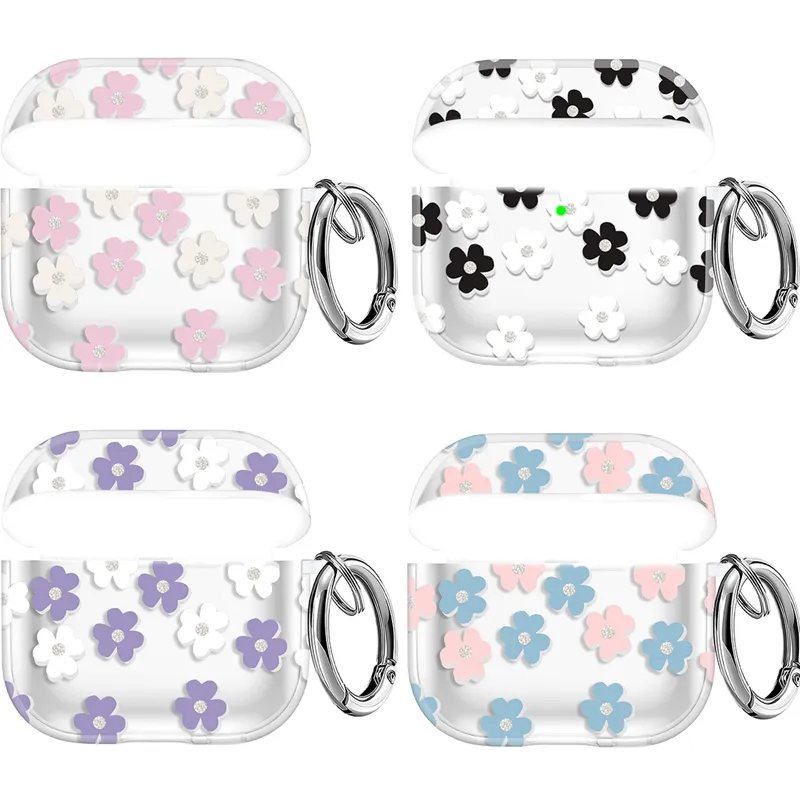 Étuis à fleurs scintillants pour Airpods Pro 2 Air Pods 3 1 2 Ear Fashion IMD Soft TPU Air Pod Airpod Pro2 3gen Accessoires pour écouteurs de téléphone portable Couvercle de protection Anneau en métal