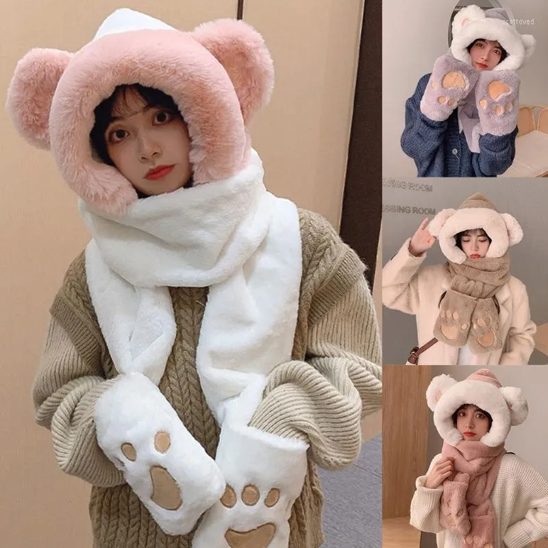 Cartoon Animal Plush Kawaii Beret Set With Attached Scarf And Mittens