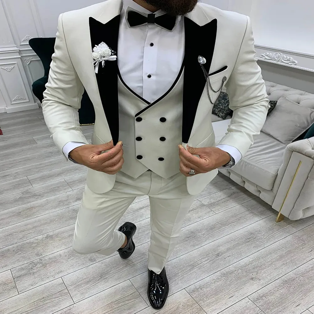 Three Pieces White Wedding Tuxedos 2022 Black Shawl Lapel Waistcoat Satin Slim Men Formal Party Suits Handsome Elegant Groom Suits Coat Pant Vest