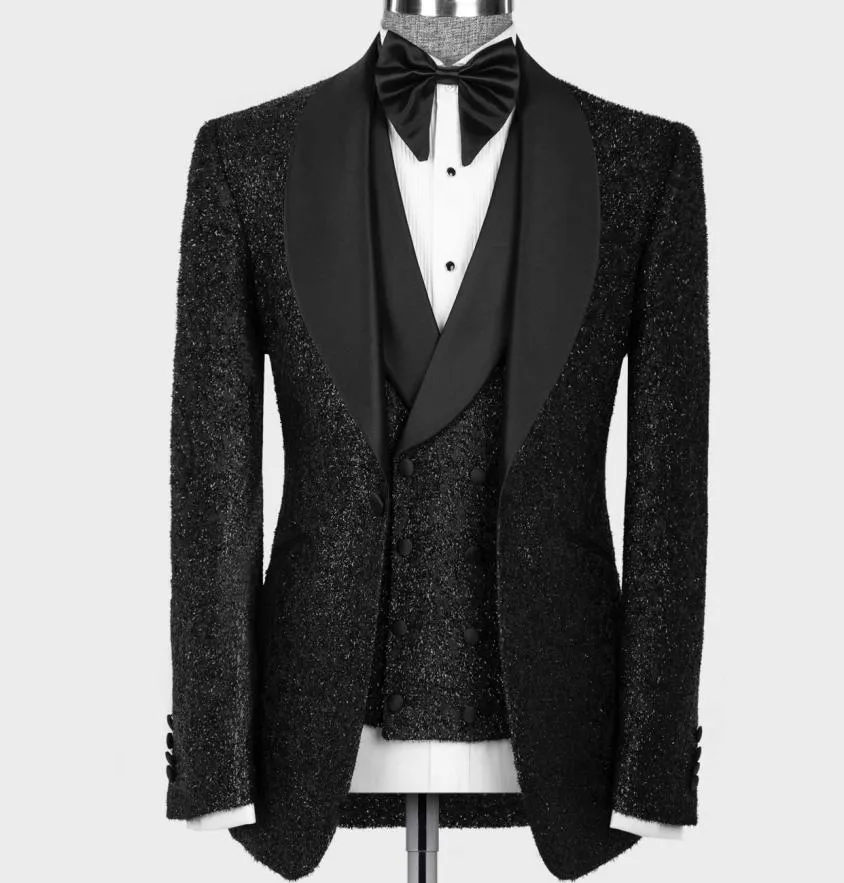 Latest Wedding Tuxedos Coat Pant Designs Fashion Shiny Black Men Suits