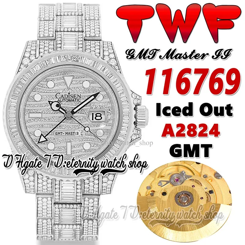 TWF GMT Paved Diamonds Mens Watch A2824 Automatyczne 40 mm TW116769 lodowe Baguette Diamond 904L Ostersteel Bransoletka 2022 Super Edition Eternity Watches