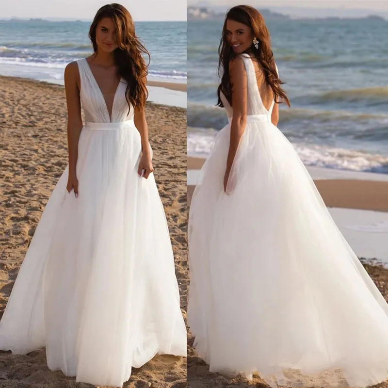 Beach Tulle Abito da sposa con scollo a V per le donne Semplice avorio senza maniche A-line Boho Abito da sposa Backless 2022 Flowy vestido de novia