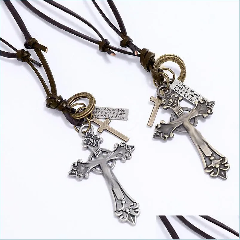 Hänghalsband retro bokstaven ID Jesus Cross Halsband Ring Charm Justerbar läderkedjhalsband för kvinnor män mode smycken g dhpgv