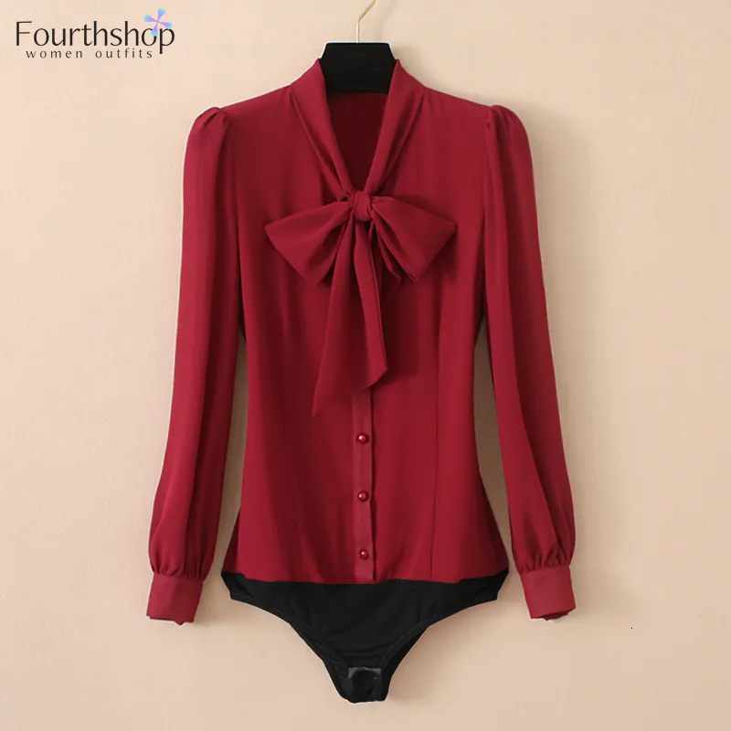 Macacões femininos macacões elegantes chiffon bodysuits feminino lanterna de manga comprida gravata borbole