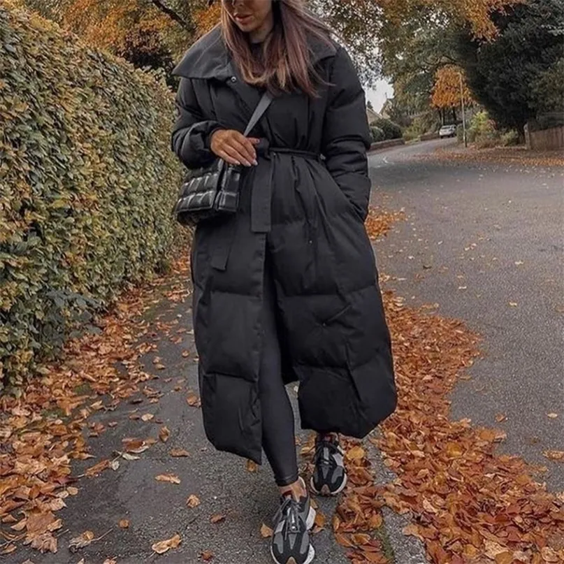 Frauen Unten Parkas Malina Dicke Lose Fashion Solid Überzogene Taste Mäntel Elegante Krawatte Gürtel Lange Baumwolle Jacken Weibliche Damen 221115