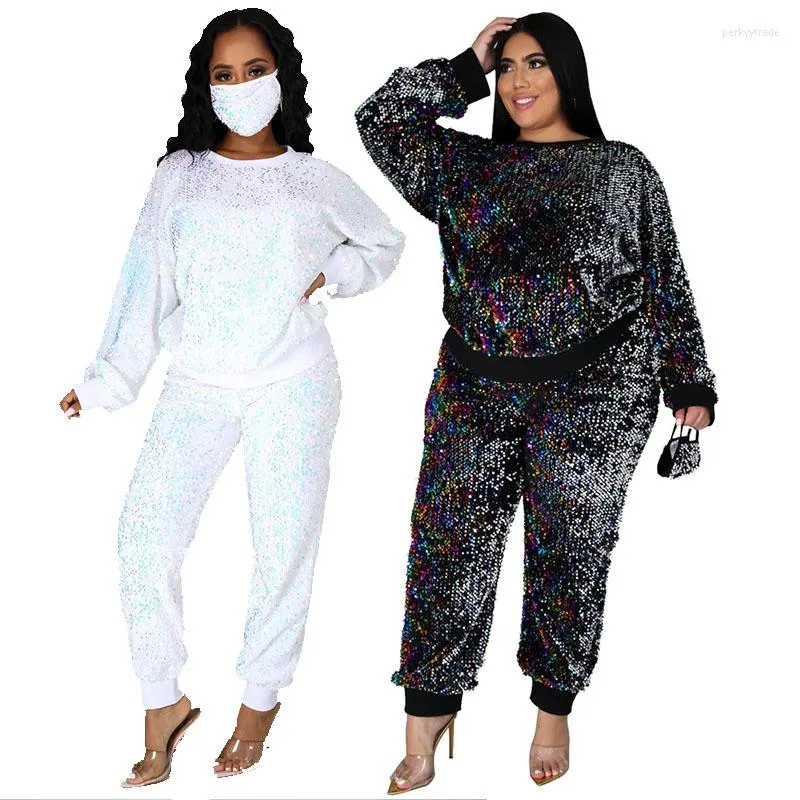 Women's Two Piece Pants Sequin 2 Outfit Crewneck Long Sleeve Sparkly Pullover Top And Sequins Party Plus Size Sets Wholesale Drop