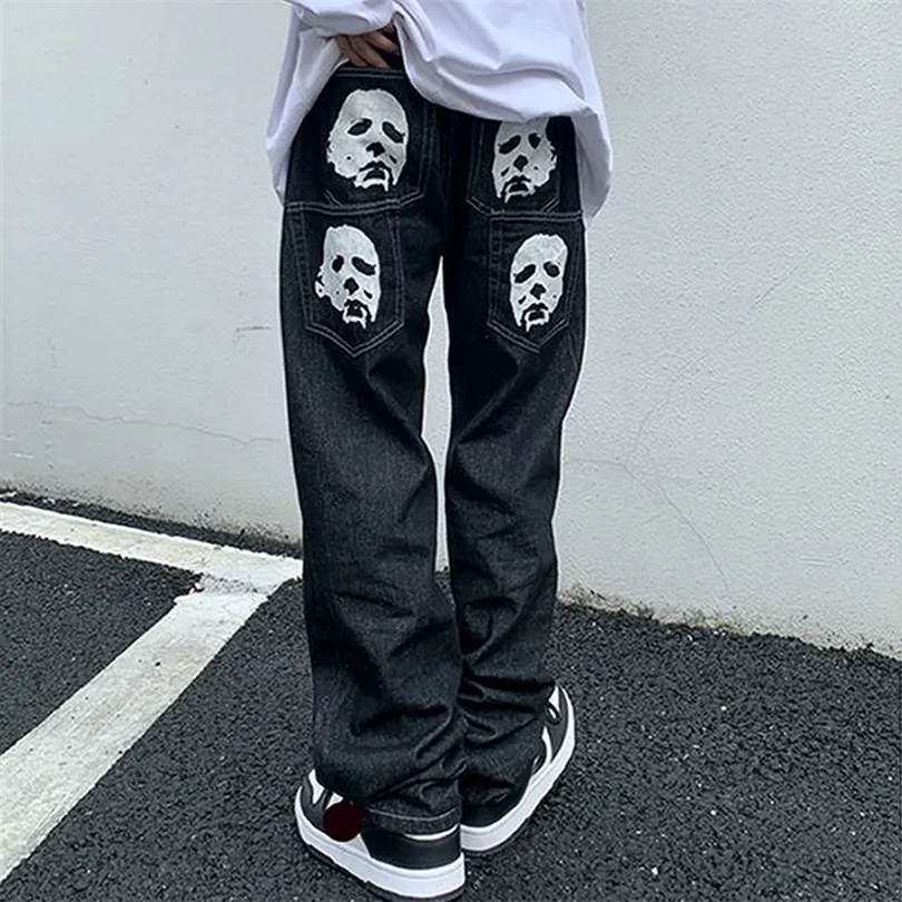 Jeans para mujer Y2K Emo Hombres Moda Negro Streetwear Casual Skull Straight Pierna ancha Pantalones cargo Baggy Denim Pantalones Low Rise Alt Ropa 221115