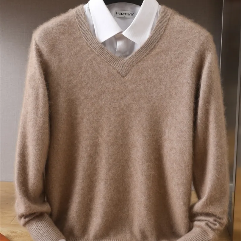 Mens Sweaters 100% pure Mink Cashmere VNeck Pullovers Knit Large Size Winter Tops Long Sleeve HighEnd Jumpers 221115