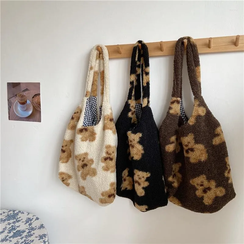 Bolsas de noite bolsa de tecido de pano quente feminino saco de ombro de pelúcia de grande capacidade comprador de inverno livro de urso fofo para mulheres