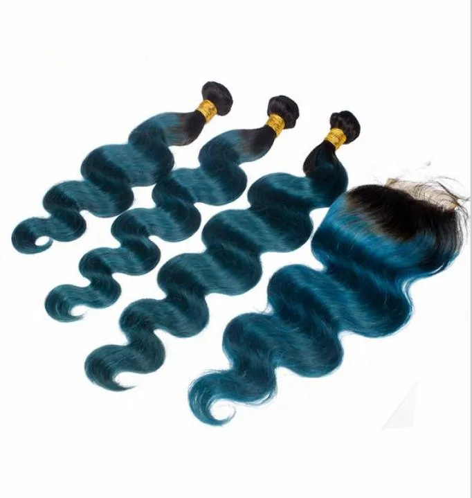 T1B Green Teal Ombre Peruvian 3Bundles With Closure Dark Roots Two Tone Virgin Hair With Closure Body Wave Wavy Ombre Hair With Cl5826467