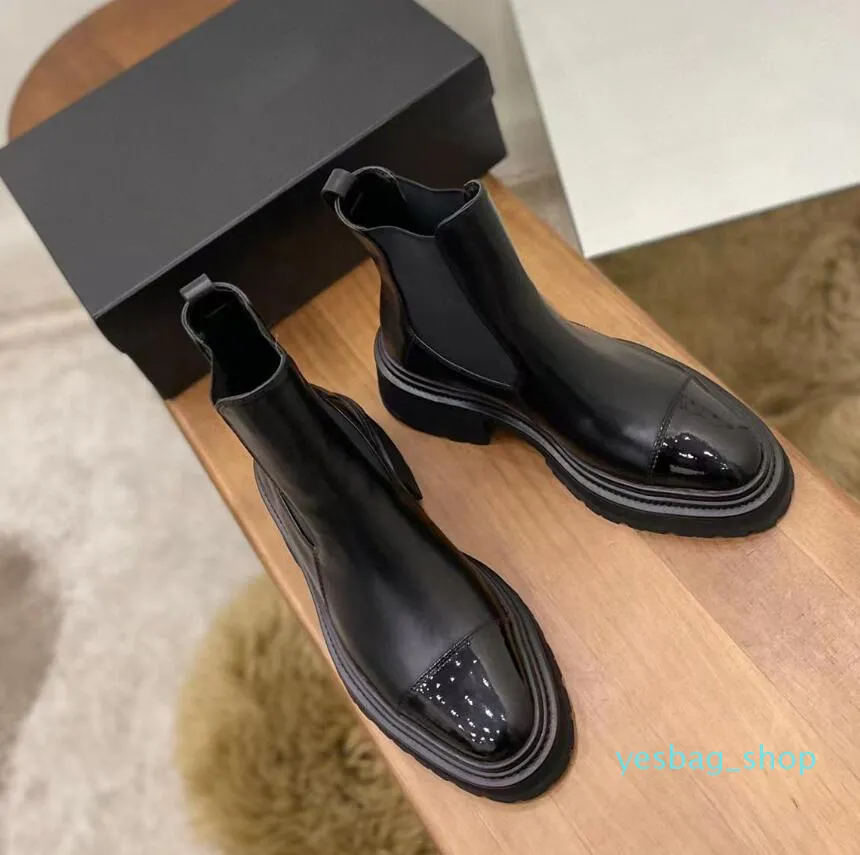 Chelsea Boots Half Boot Top Shoes Knight Boots New Black Leather Ankle Platform Slip-On Round Flat Booties Chunky Designer de luxe pour les femmes à talons épais