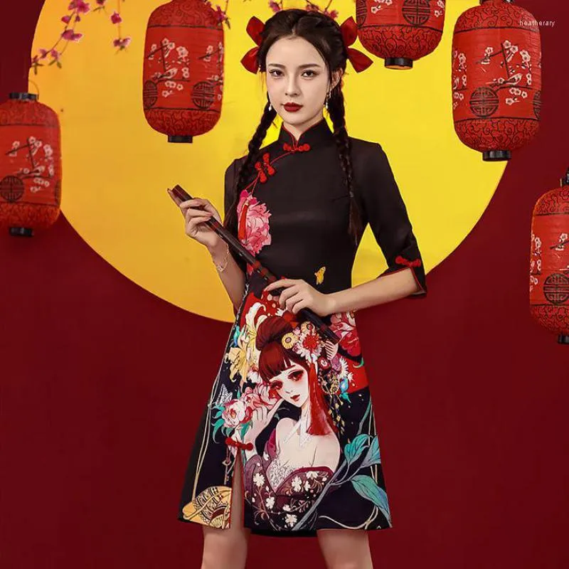 Etnik Giyim Çin tarzı kadın mandalina yaka cheongsam yaz mini ince baskı parti elbisesi vintage anime cosplay kostümleri klasik