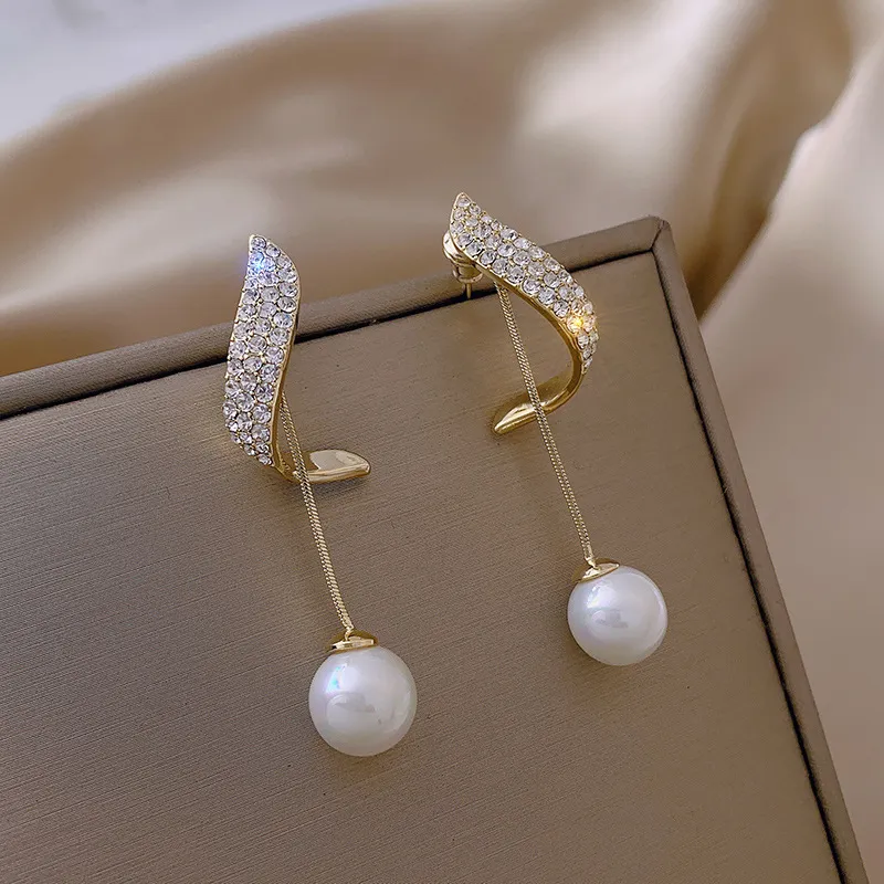 Elegantes pendientes colgantes de perlas de imitación para mujer, pendientes de gota exquisitos con borla larga de cristal, joyería de boda