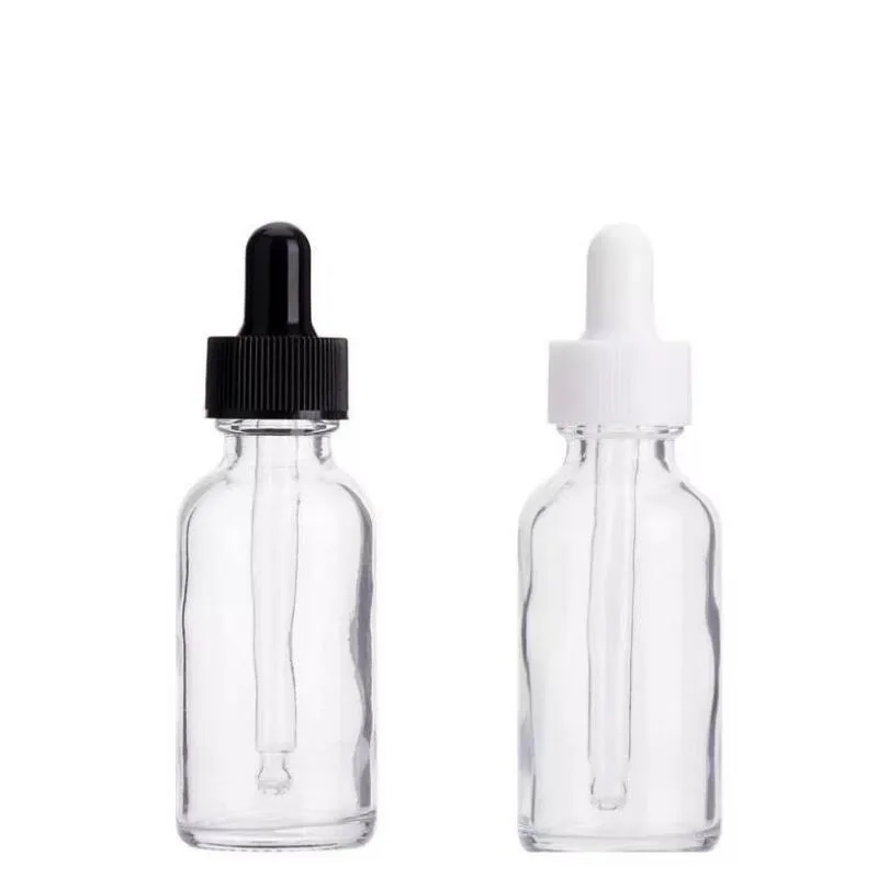 30 ml klare Tropfflaschen für ätherische Öle mit Glas-Augentropfer und schwarz-silbernen Gold-Sicherheitsverschluss-Glasverpackungsflaschen LX8686