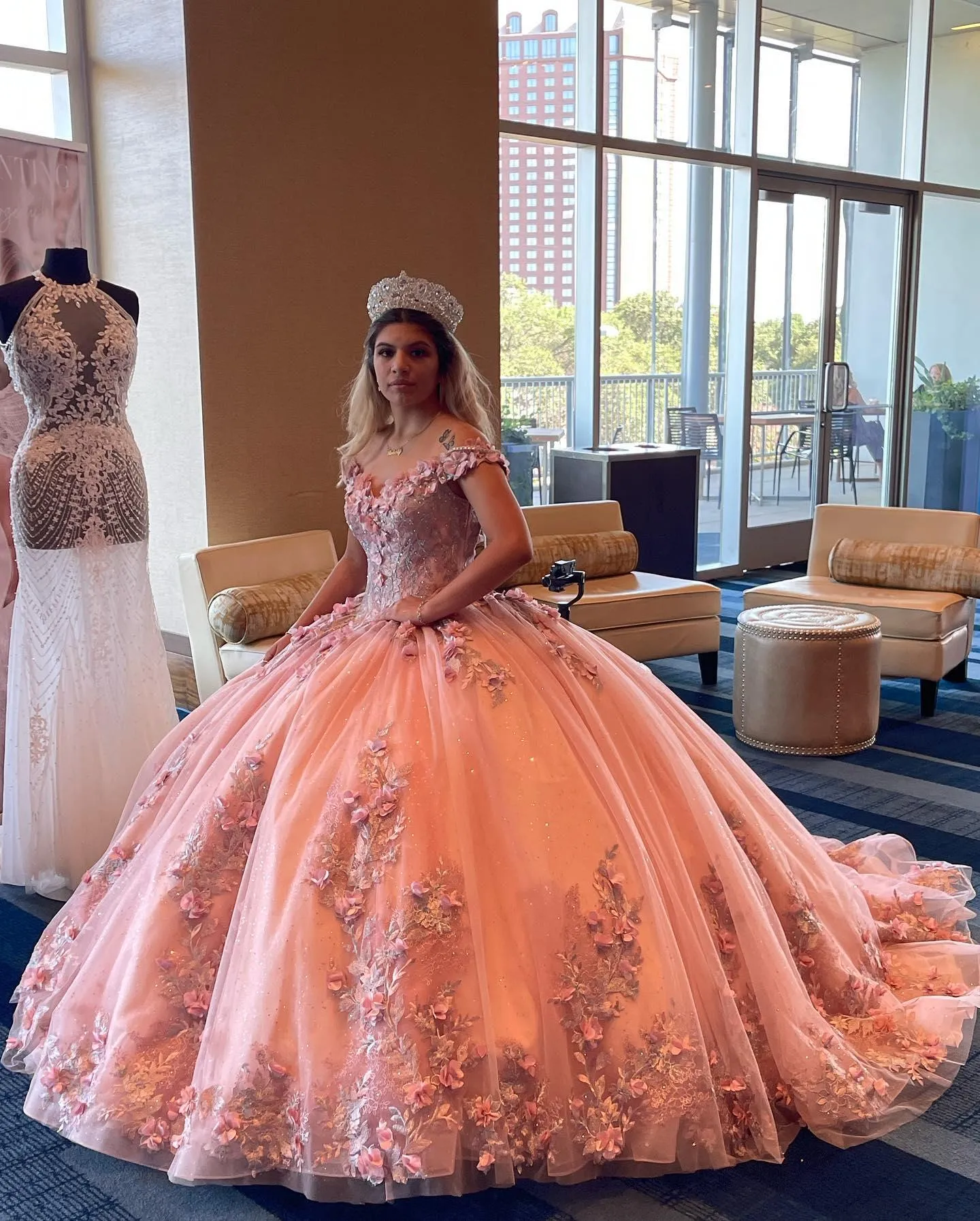 2023 Off Shoulder Peach Ball Gown 3d Flower Quinceanera Dress With