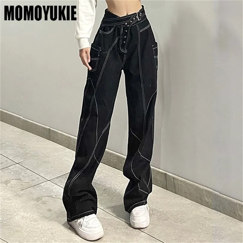 Jeans de mujer Harajuku Pantalones rectos de cintura alta para mujer Streetwear Pantalones de mezclilla de moda para mujer Casual Loose Slim Irregular Line 221115