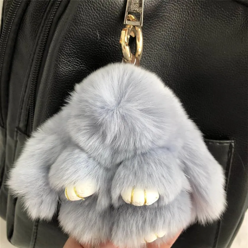 Blue-8cm verklig äkta Rex Rabbit Fur Bunny Doll Toy Kid Gift Bag Charm Key Chain Keyring Accessories Phone Purse Handbag309C258K