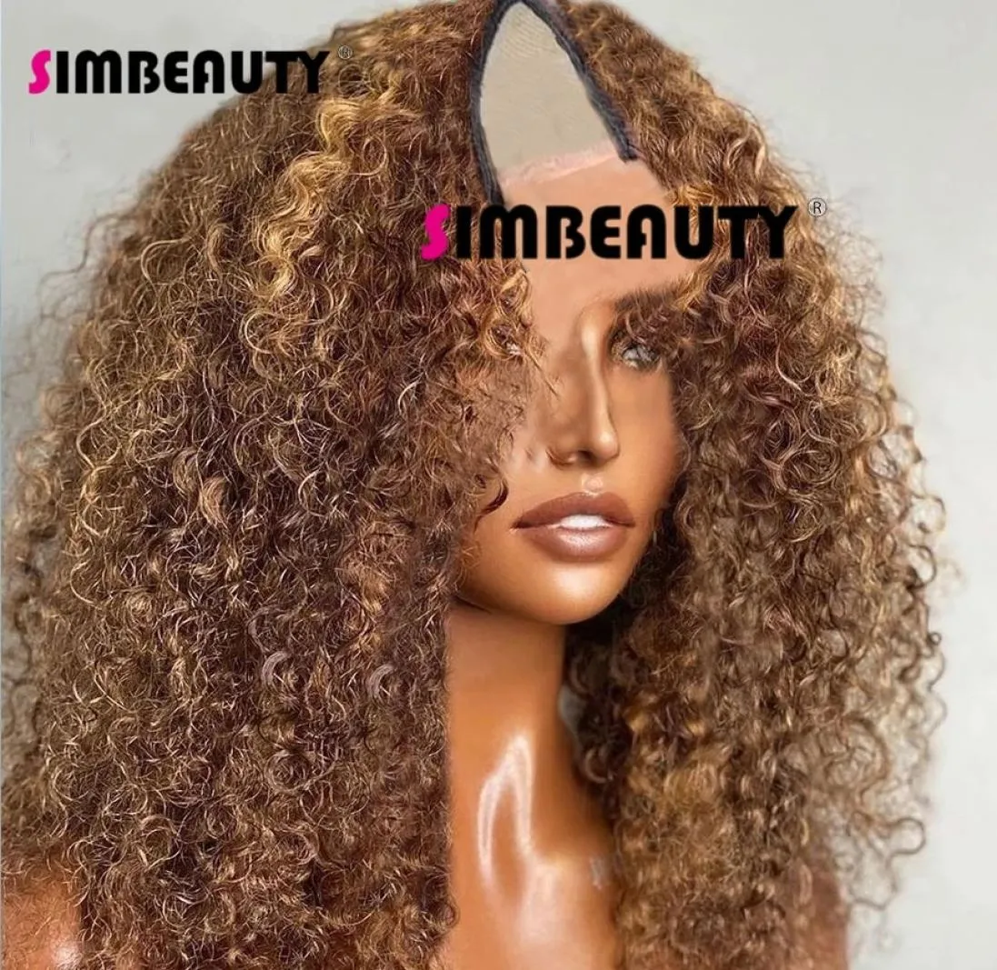 Highlights Blonde V Part 100 Human Hair Wigs Ombre Brown Bouncy Curly Kinky Curl Middle Open Full End U Shape Wig 250Density3693385