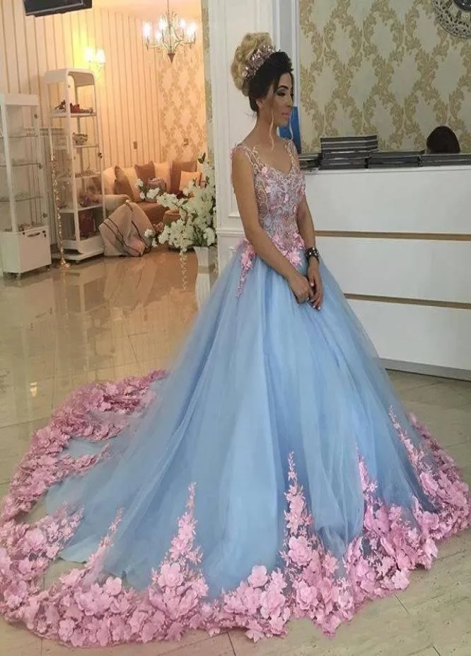 Baby Blue 3D Floral Masquerade Balls 2020 Ręcznie robione debiutanty kwiatowe Quinceanera sukienki Sweety Girls Party Sukienki 4825889