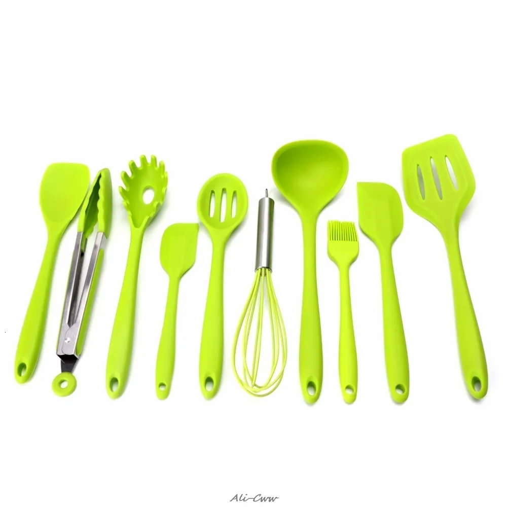 Pièces d'ustensiles de cuisine 10 pièces ensemble vert résistant à la chaleur antiadhésif Silicone ustensiles de cuisine ensemble cuisson outil de cuisson spatule cuillère brosse Wisk Tong 221114