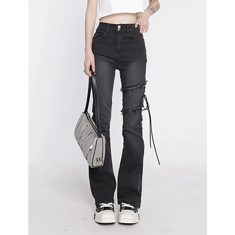 Jeans da donna Abbigliamento Flare Nero Allacciatura Vita alta Elastico Autocoltivazione Vintage Casual Baggy Ladies Denim Pantaloni Estate 221115