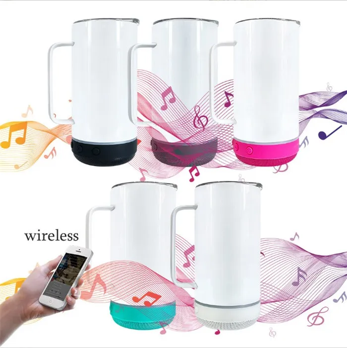 Sublimation 14oz Coffee Mugs with Bluetooth Speaker Bottomsサーマル熱伝達音楽タンブラーハンドルとシール蓋断熱真空水ボトルA0022