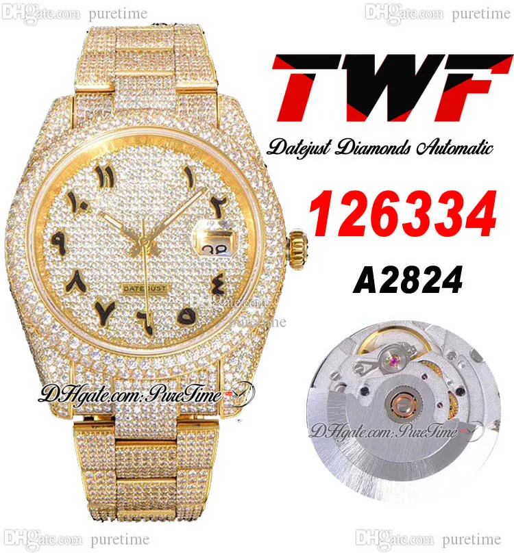 TWF V3 Full Diamonds A2824 자동 남성 시계 Whtie 18K 옐로우 골드 흑인 스크립트 포장 다이아몬드 다이얼 및 완전히 아이스 아웃 904L 스틸 브레이슬릿 시계 C3