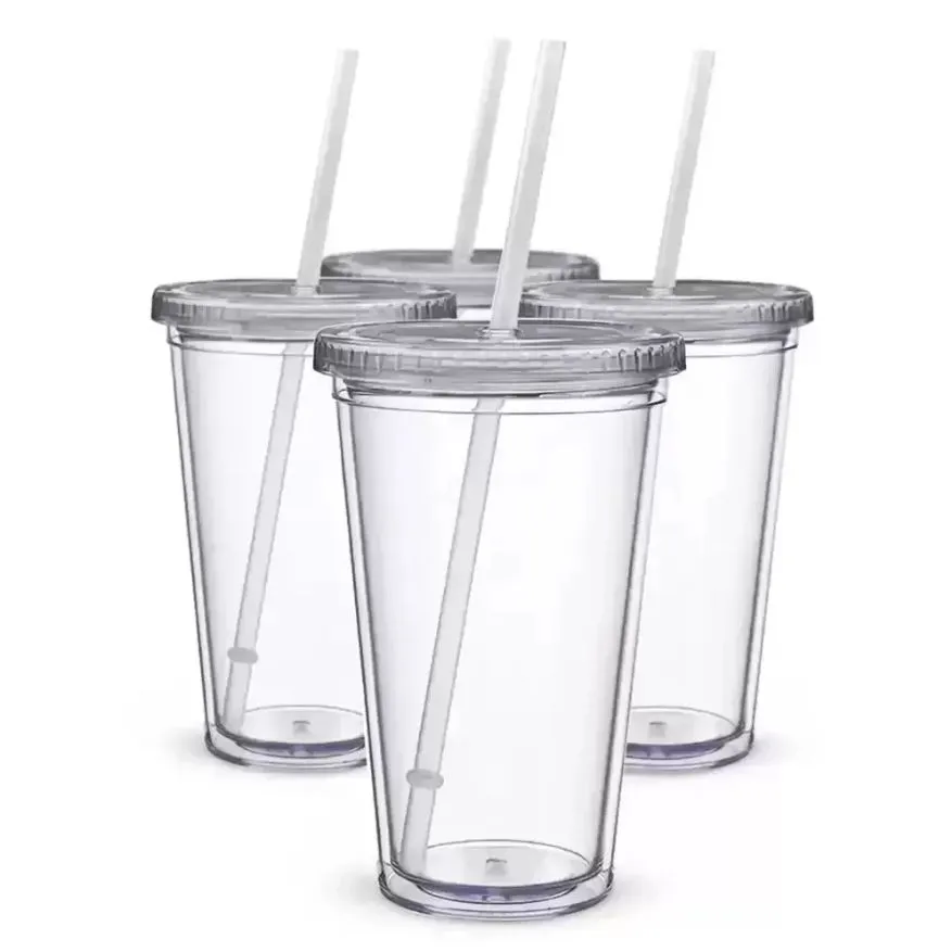 Gobelets en plastique de 16 oz à double paroi en acrylique clair pour boire une tasse de jus avec couvercle et tasse de café en paille bricolage tasses transparentes RRA584