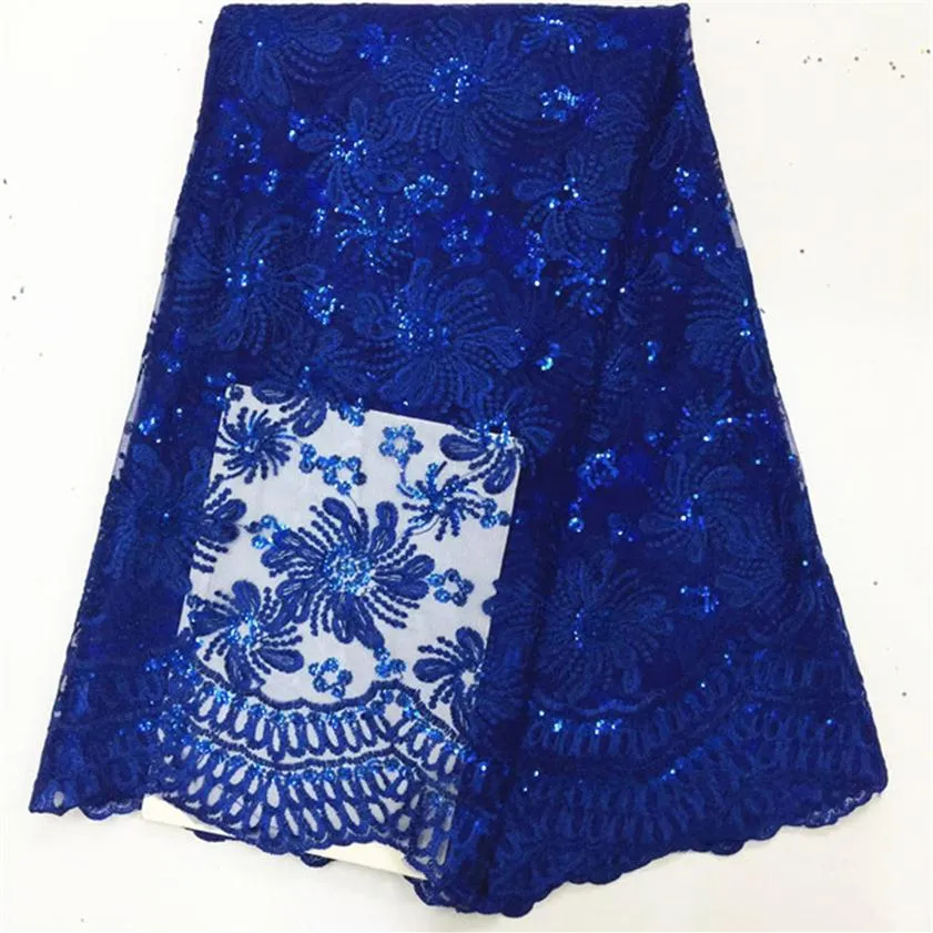 5 Y PC PORPORION ROYAL Blue Embroidery French Net Net Lace Fabric مع الترتر زهرة الشبكة الإفريقية الدانتيل للملابس BN60-2265A