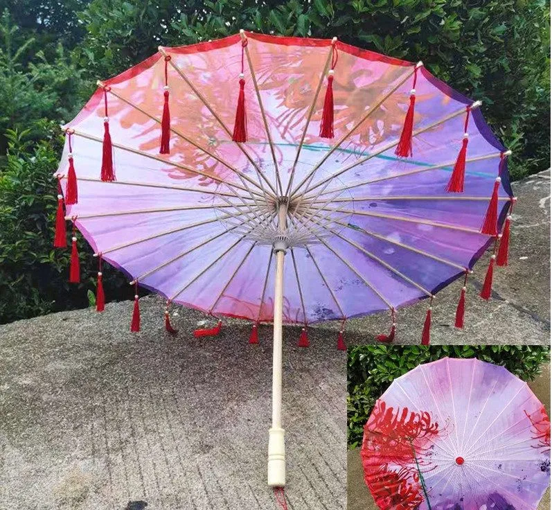 Papier Regenschirm Sonnenschirm Hochzeit Brida Regenschirm handgemachte gedruckte Malerei chinesische geölte Mini Handwerk Regenschirme mit Griff und Quasten JNC386