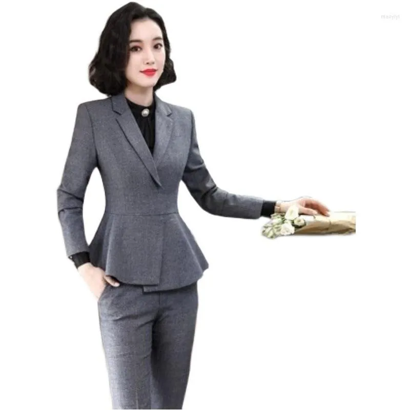 Pantalon deux pièces pour femmes nouveauté gris formel femmes costumes d'affaires uniformes conceptions Blazers automne hiver professionnel bureau dames carrière